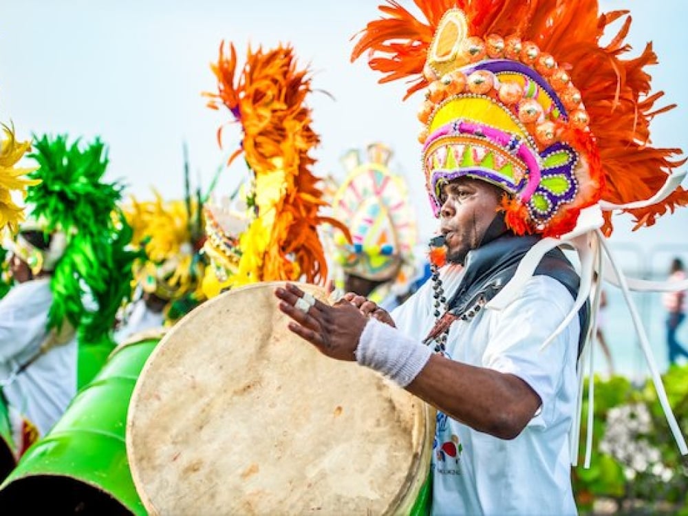 Musicians play on Goombay drums at the Junkanoo Carnival in Nassau Paradise Island Bahamas