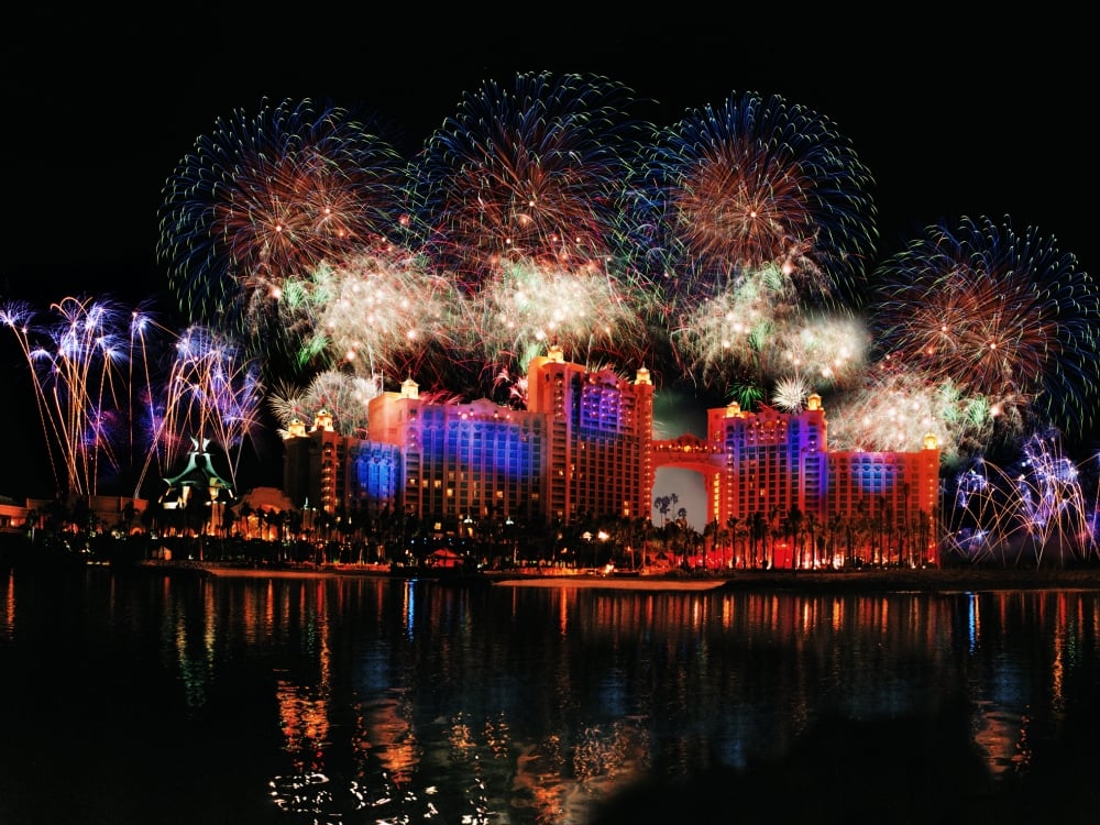 Fireworks light up the night sky over the Royal Towers at Atlantis, Bahamas. 