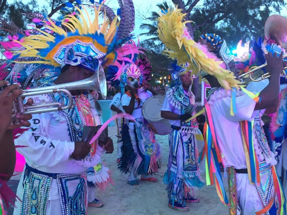 A colorful group of Junkanoo performers at Sandals Royal Bahamian. 