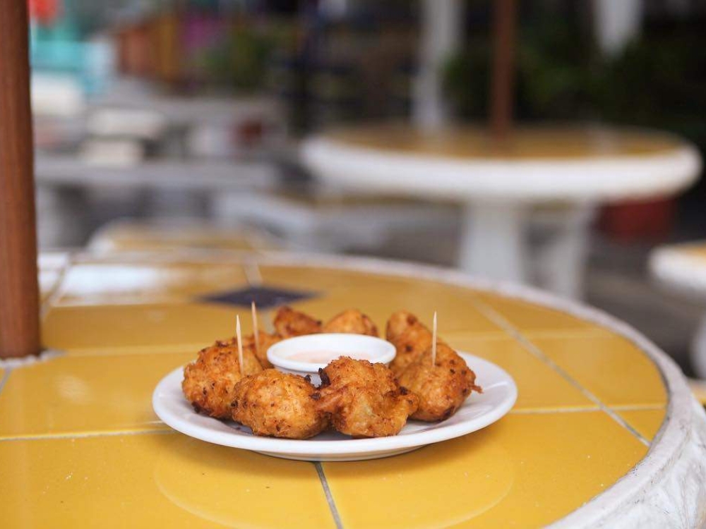 Conch fritters on a white plate.