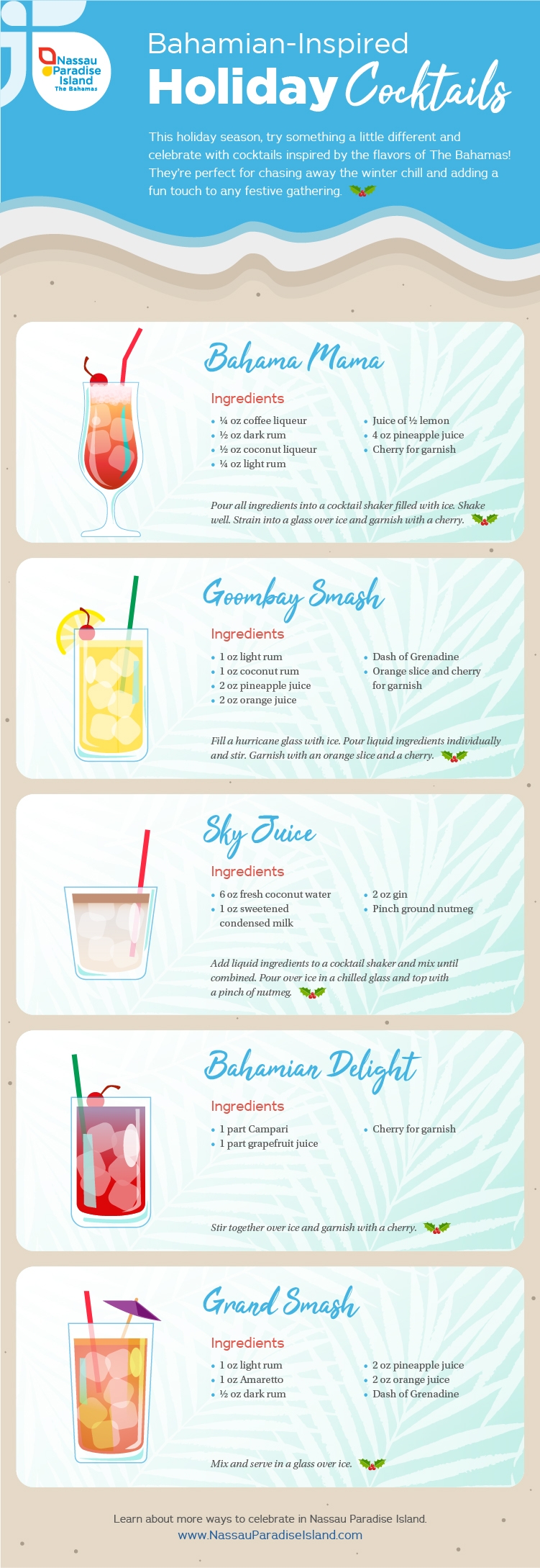 Infographic featuring Bahamian-style holiday cocktail recipes