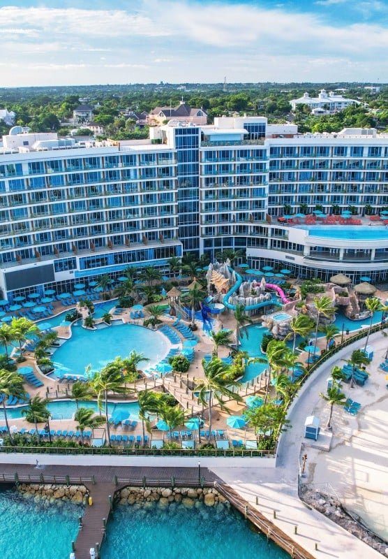 Aerial view of Margaritaville Beach Resort pools and beach