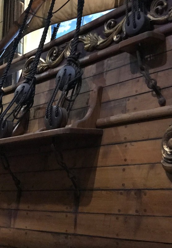 Close up of a pirate ship in a museum.