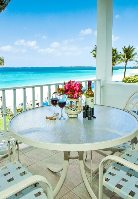 Table looking out on blue ocean 