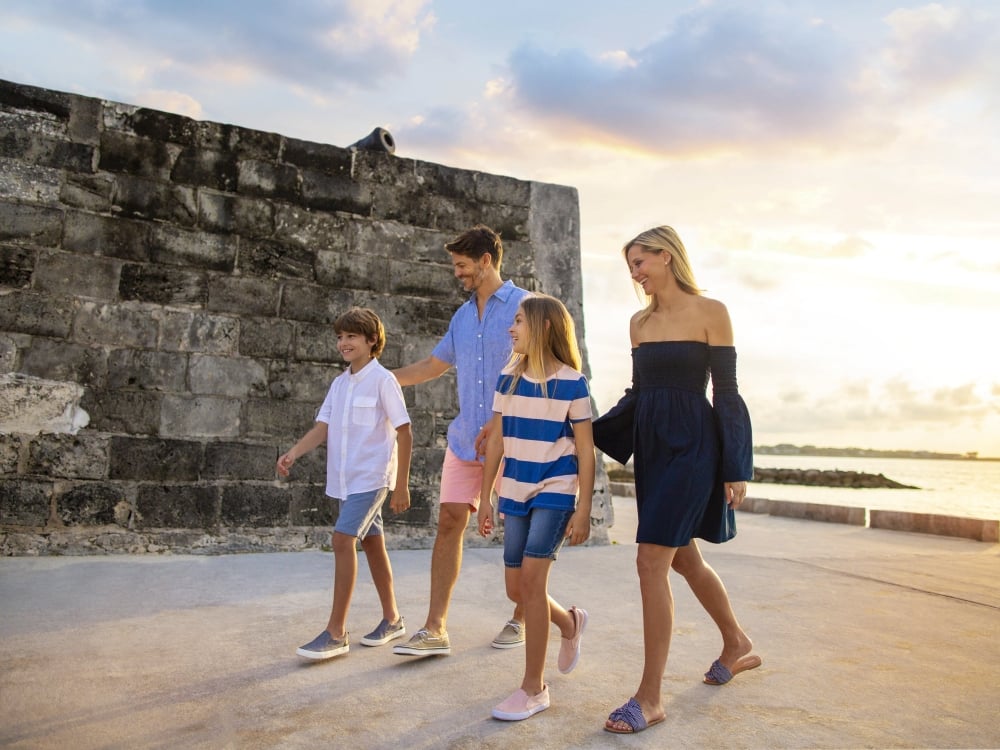 A family touring a fort in Nassau Paradise Island, The Bahamas