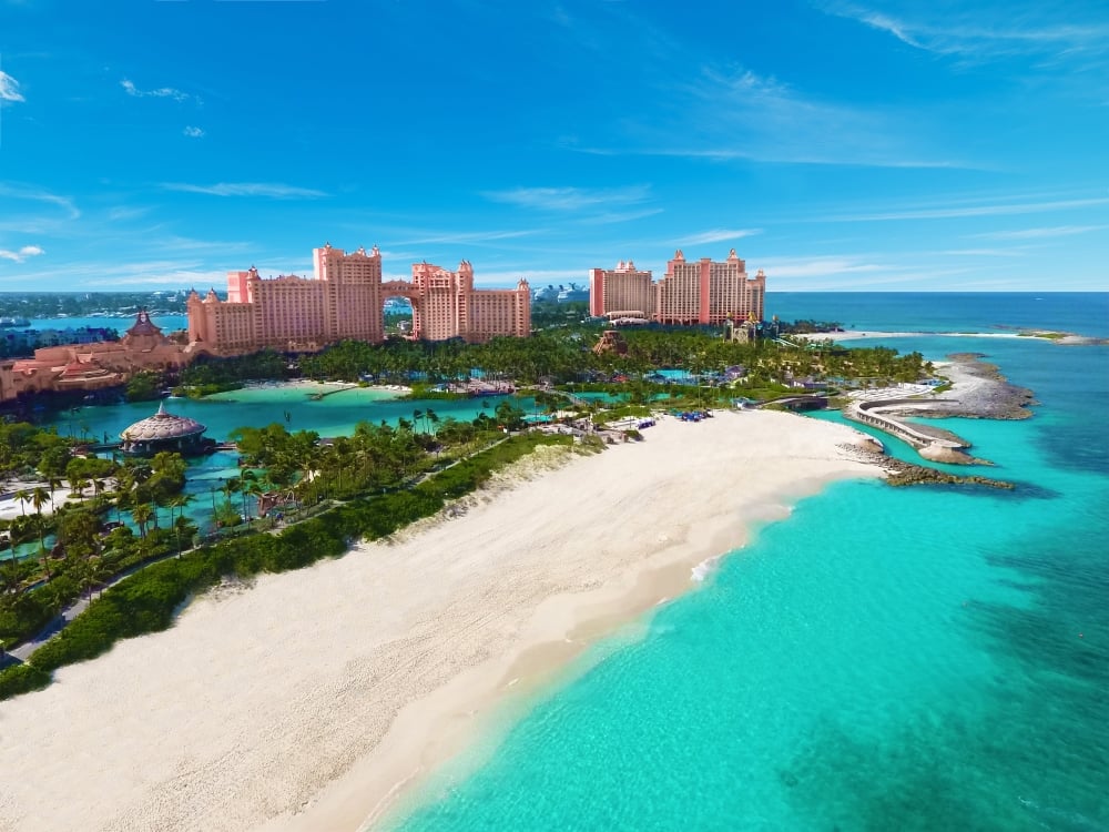 Aerial and beach view of Atlantis Paradise Island