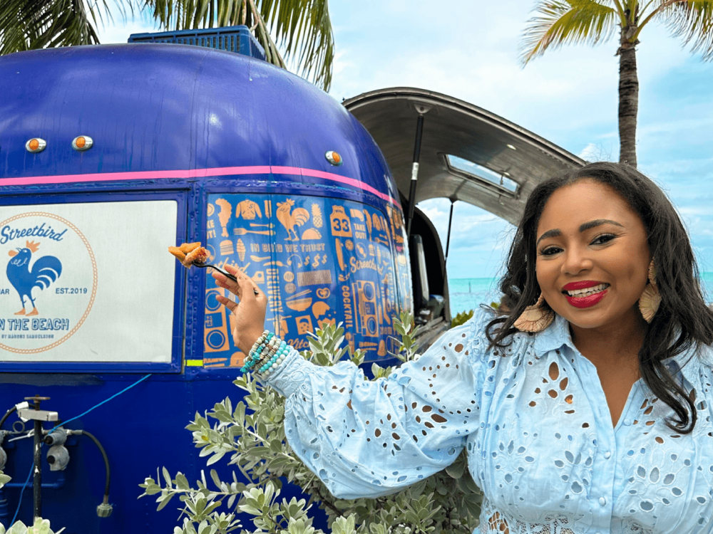 Star standing in front of a foot truck