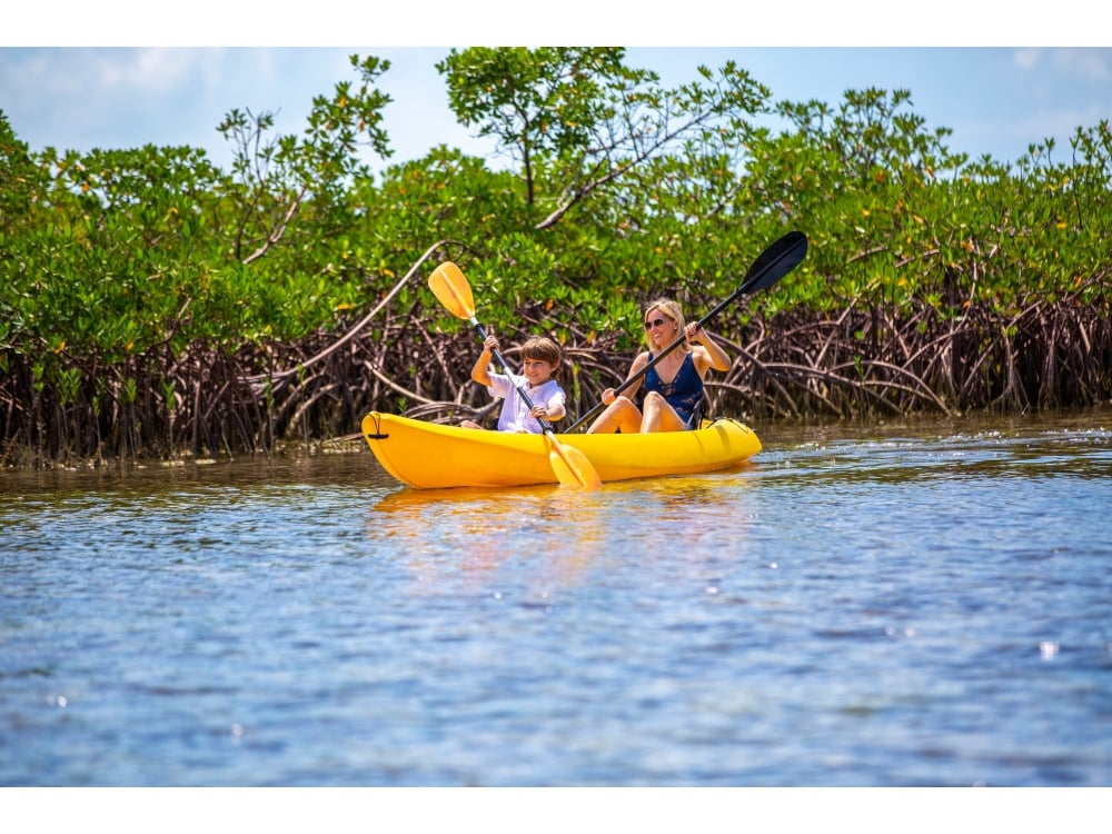 two women kayaking