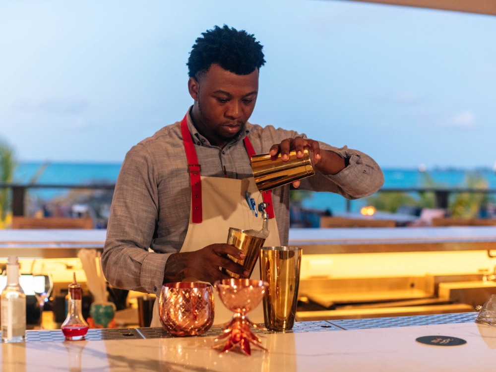 A bartender mixes a drink in a cocktail shaker.