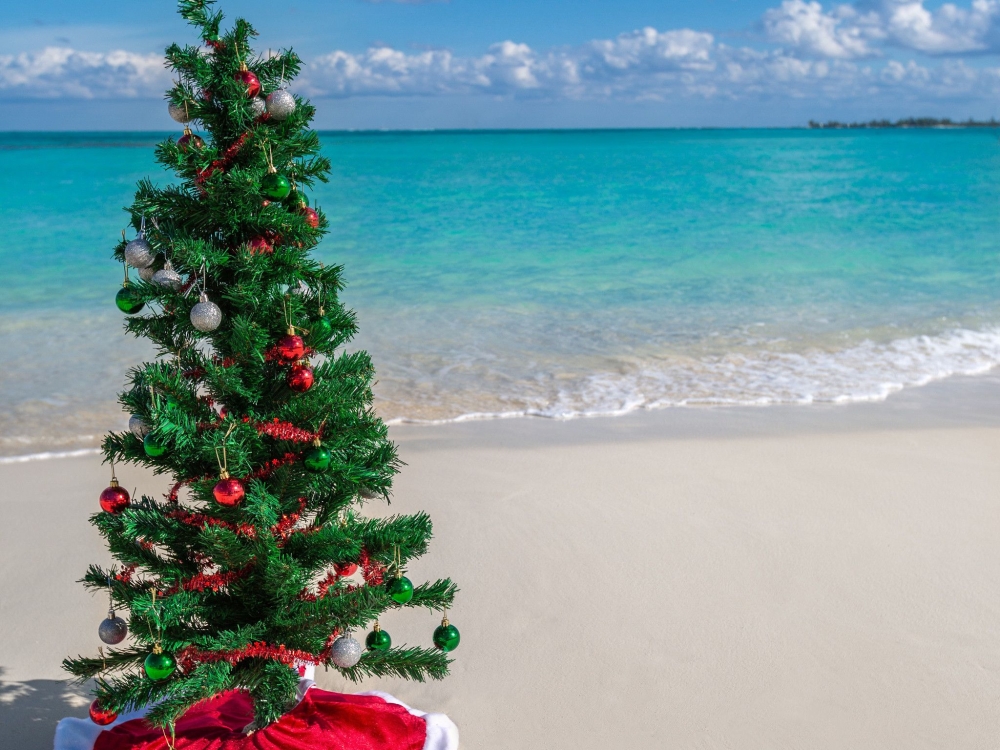 Christmas tree in the sand with blue waters behind it.