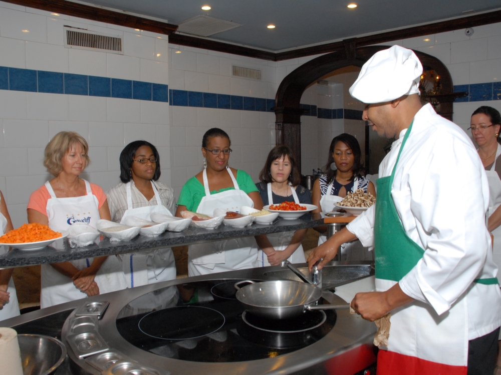 A chef leads a cooking class at Graycliff Restaurant in Nassau Bahamas.