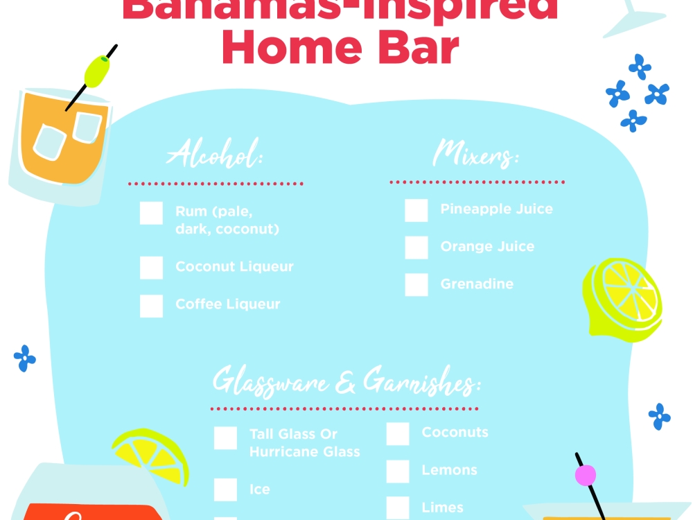 Checklist of items needed for an at-home Bahamas bar. 