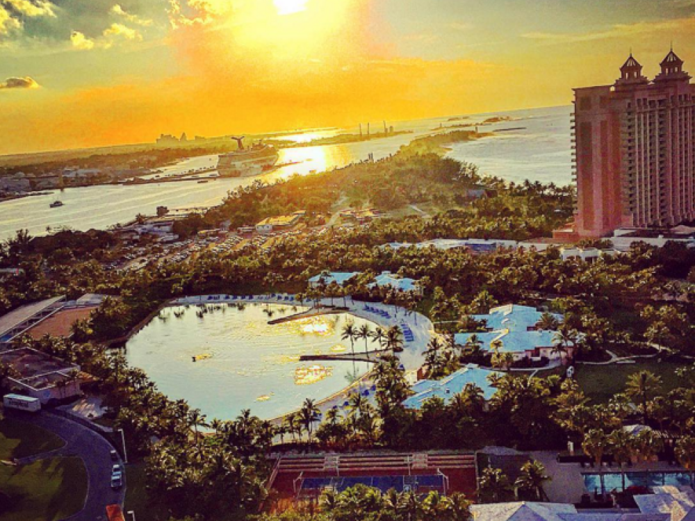 A beautiful sunset view of the grounds of Atlantis, Paradise Island in The Bahamas.