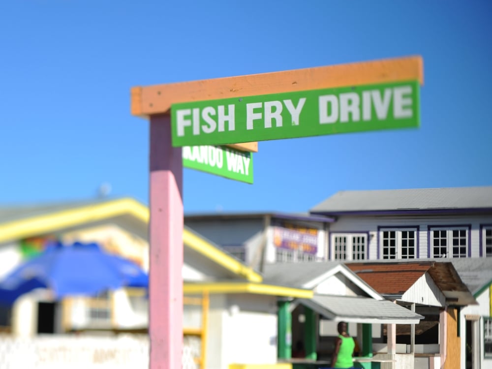 A sign at Arawak Cay reads Fish Fry Drive. 