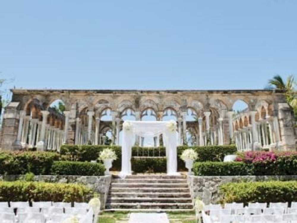 A beautiful wedding ceremony set up at the Cloisters, The Ocean Club, a Four Seasons Resort, Bahamas