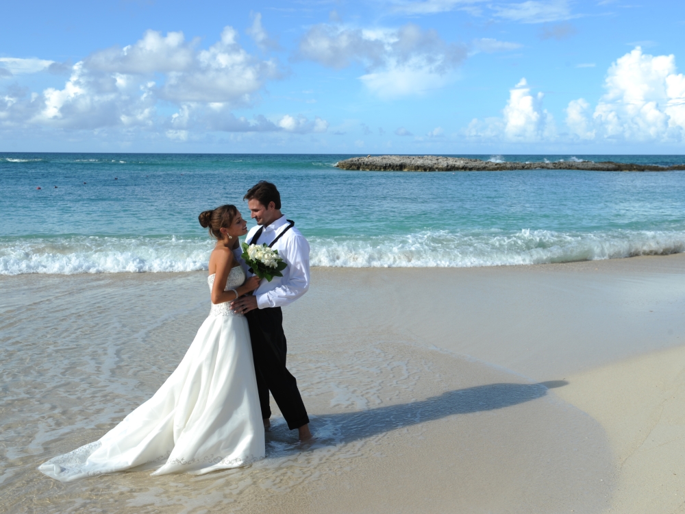 Bride and groom on the beach in Nassau Paradise Island, The Bahamas