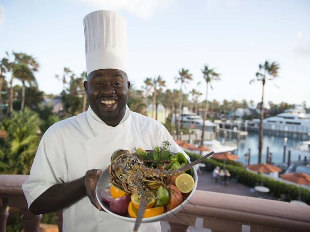 Freshly prepared Bahamian Rock Lobster served by the marina.