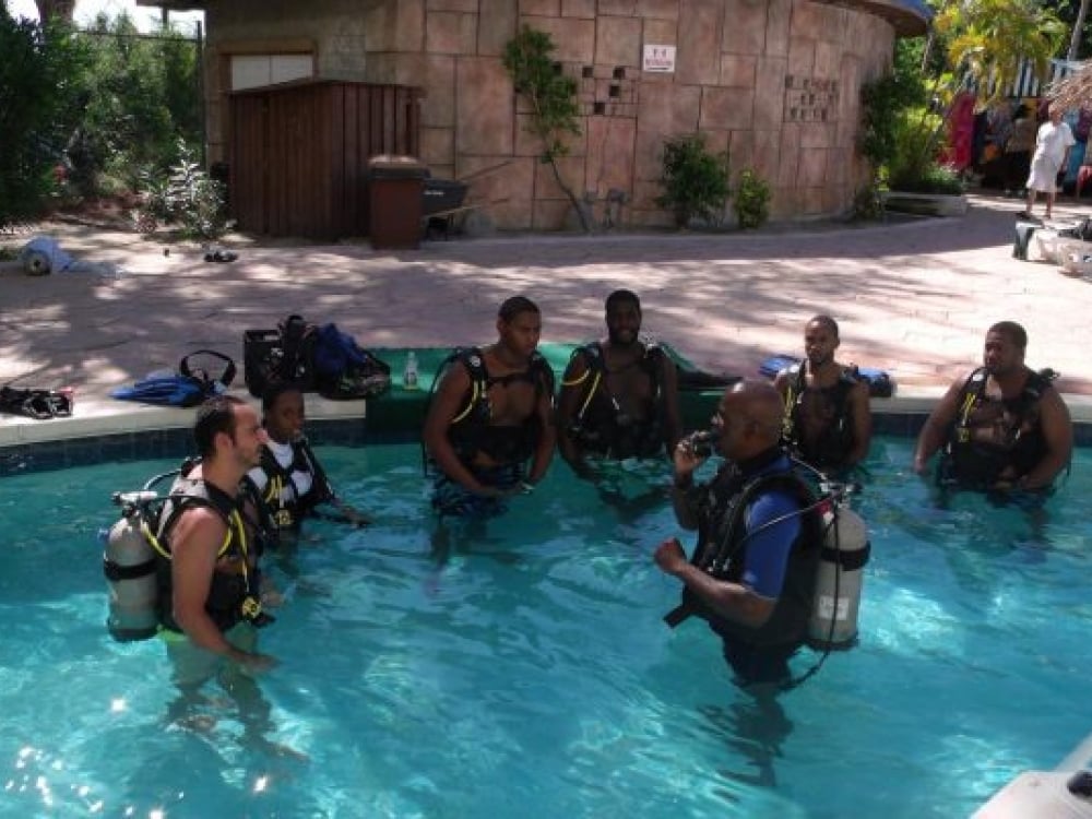 A scuba diving lesson takes place in Nassau Paradise Island, Bahamas