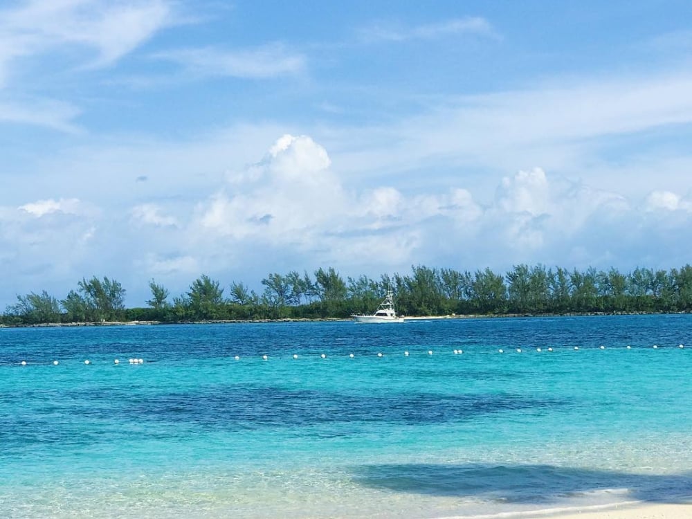 A beach in the distance at Junkanoo Beach.