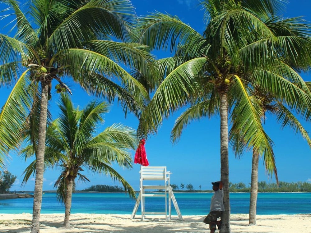 A white beach chair sits between palm trees on a beach in The Bahamas.