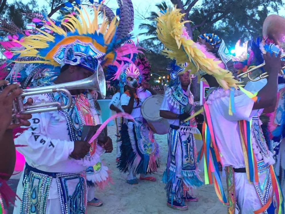 A colorful group of Junkanoo performers at Sandals Royal Bahamian.