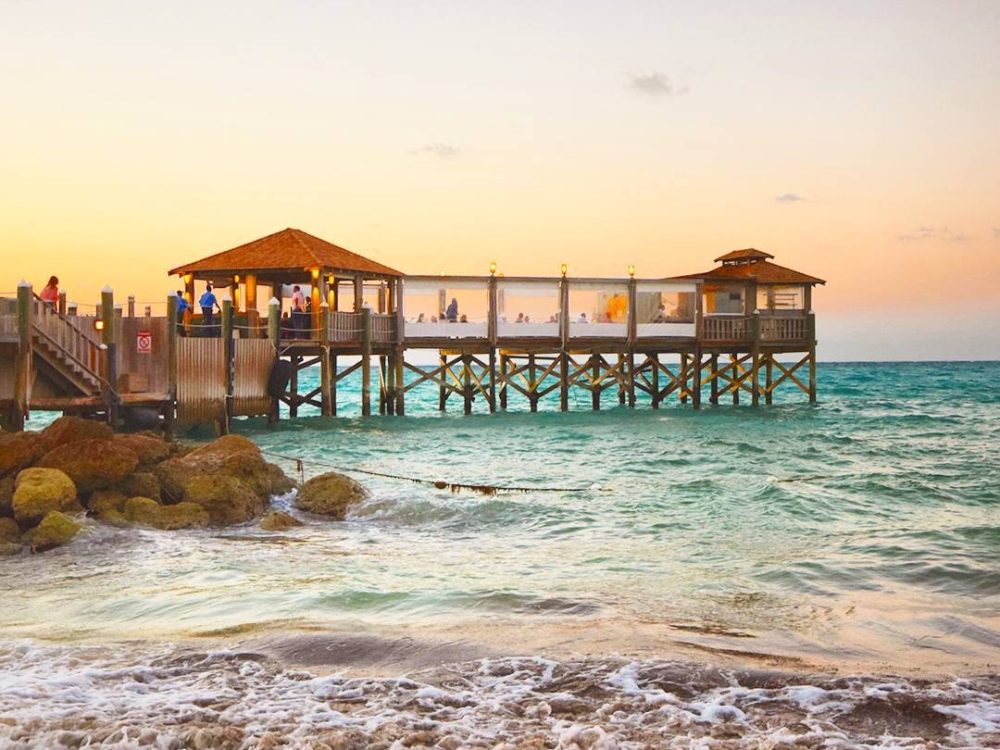 Gordon's on the Pier restaurant at sunset. 