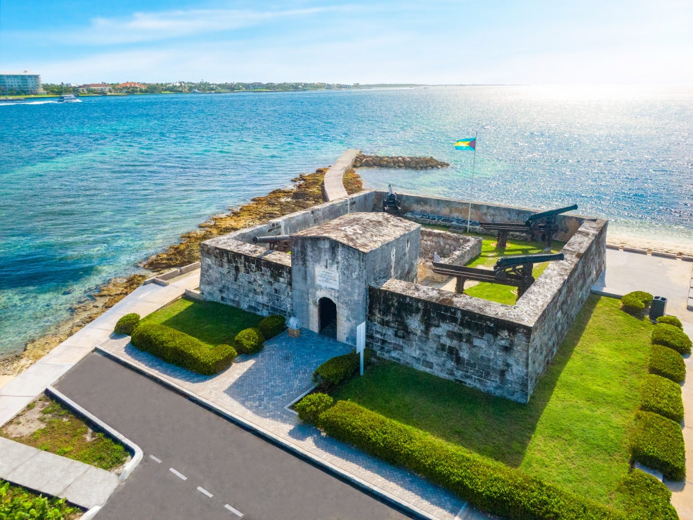 Aerial shot of a historic fort in Nassau Paradise Island with the water in the background
