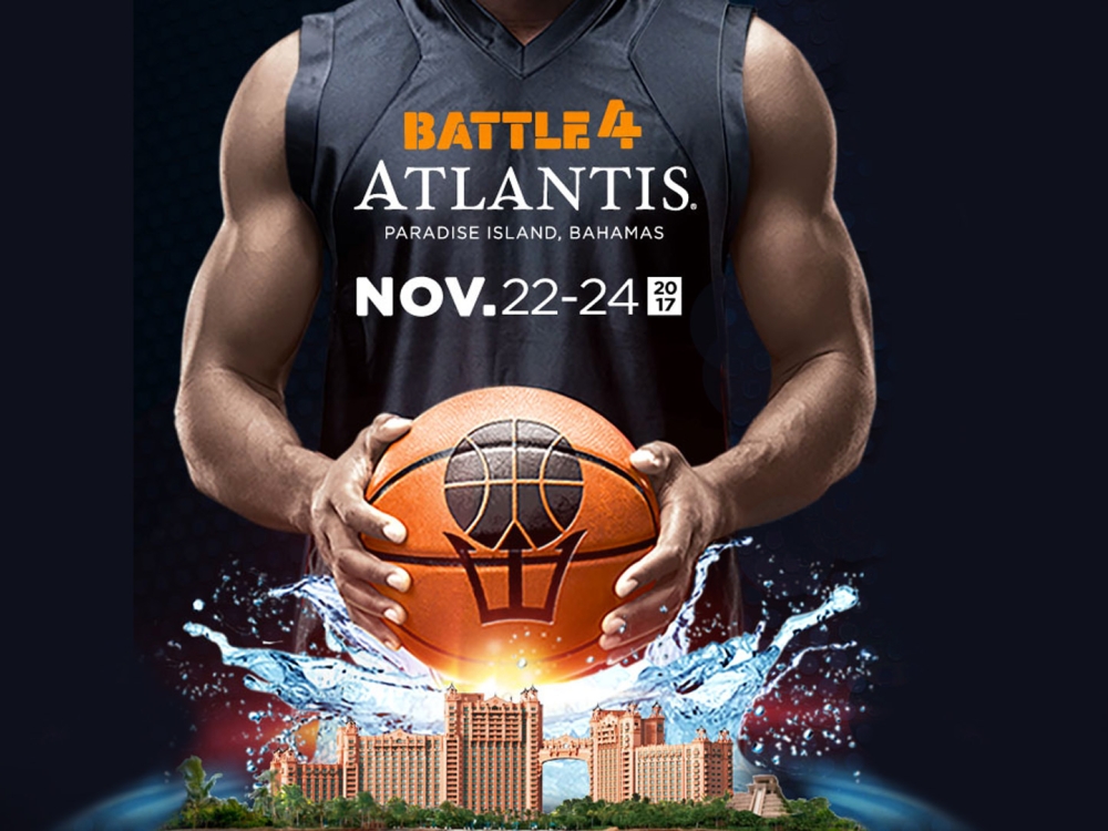 A poster for "Battle 4 Atlantis" with a man holding a basketball over Atlantis Resort.