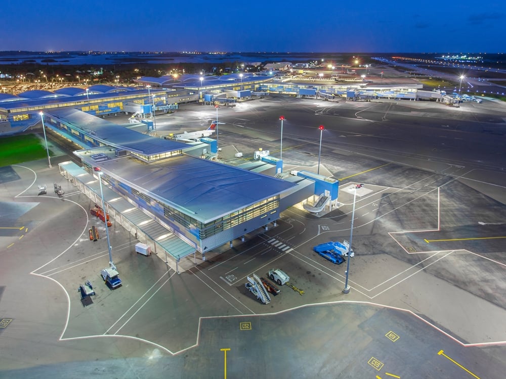 Aerial shot of an airport at night.