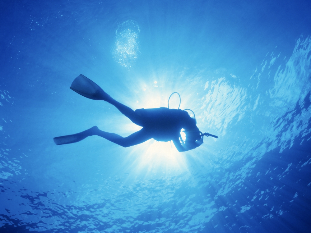 Silhouette of a scuba diver in turquoise water. 