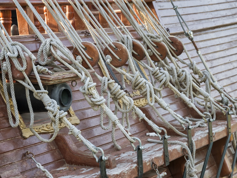 Ropes and cannons on a replica pirate ship. 
