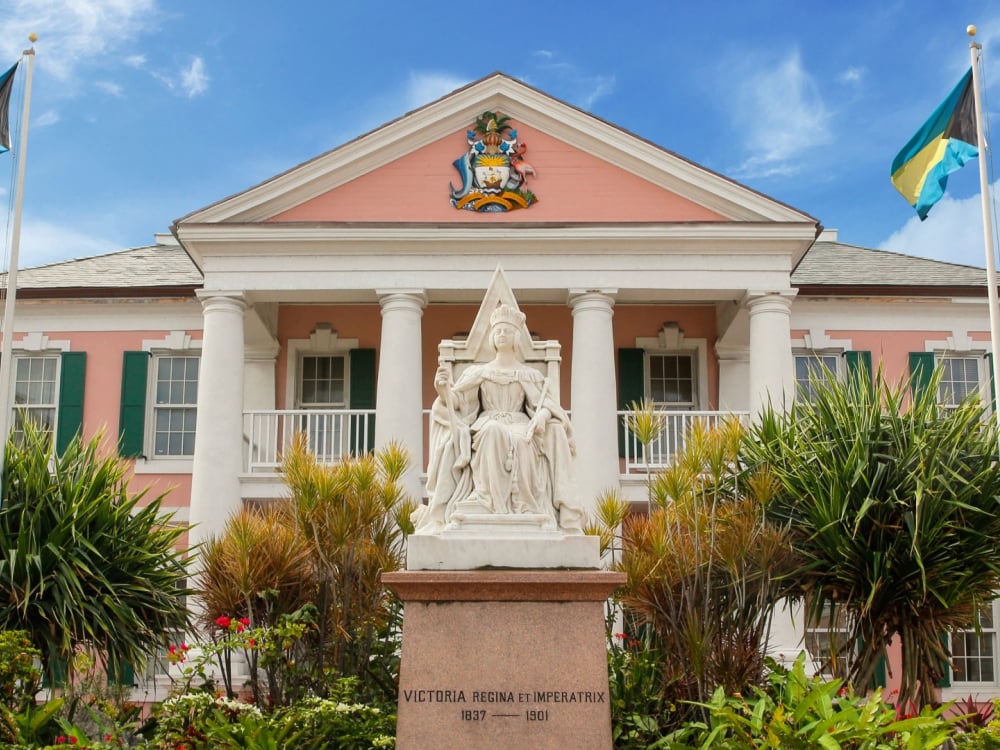 Zoom background featuring the Bahamas Parliament building in Nassau.