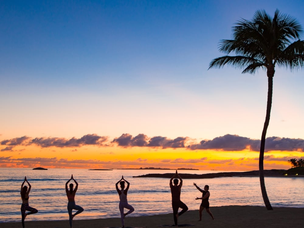 Zoom background featuring sunset yoga.