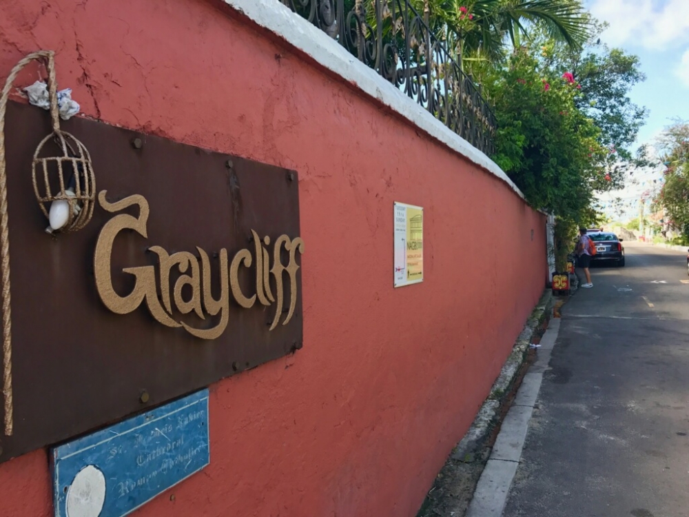 The sign and entrance to Graycliff in Nassau. 