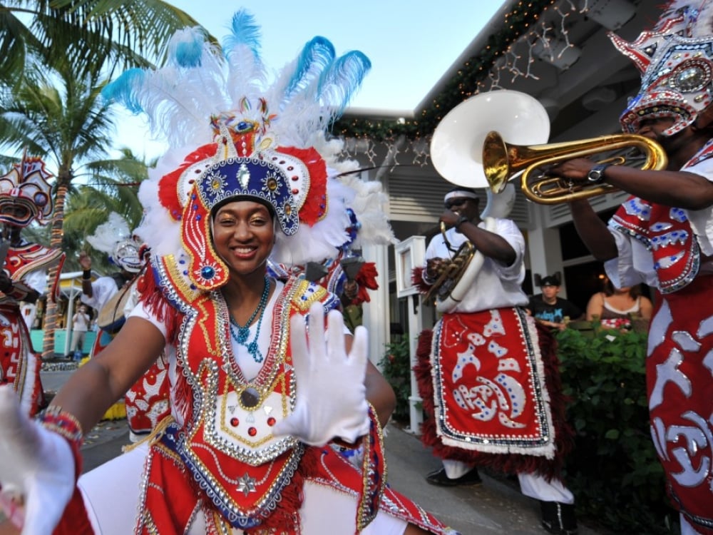 A troop of Junkanoo dancers in Nassau Bahamas