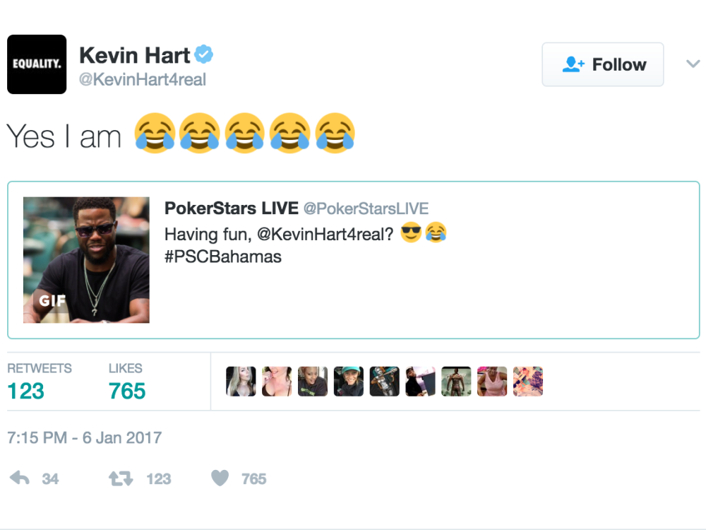 Tweet by Kevin Hart, enjoying the Poker Tournament at Atlantis Paradise Island