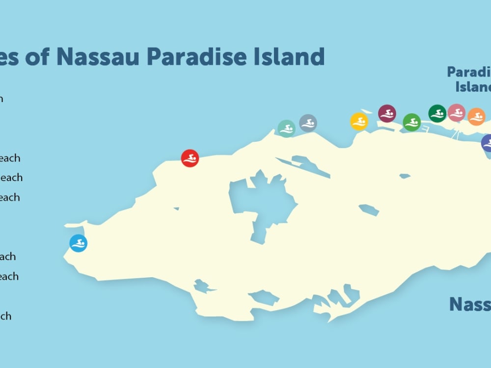 A map and legend of beaches in Nassau Paradise Island. 