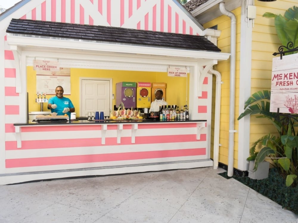 Outside of pink striped fruit stand 