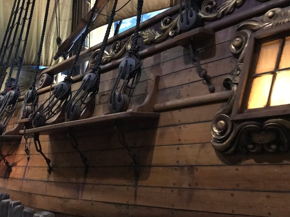 Close up of a pirate ship in a museum.