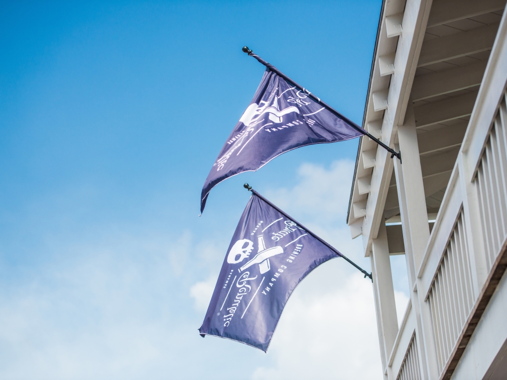 Two pirate flags hang outside the Pirates of Nassau Museum in The Bahamas. 