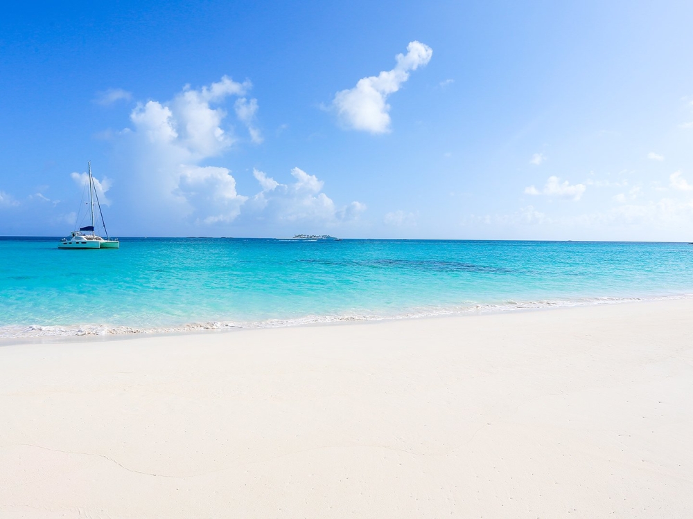 A white sand beach contrasts beautiful turquoise waters.