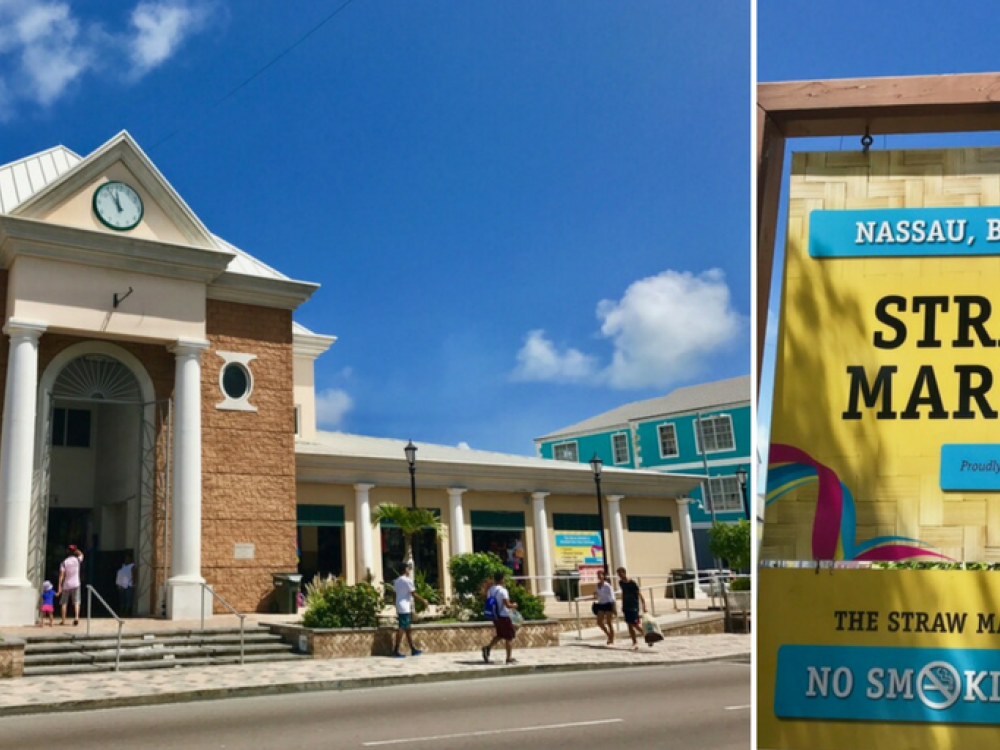 A collage of the Straw Market building and sign.