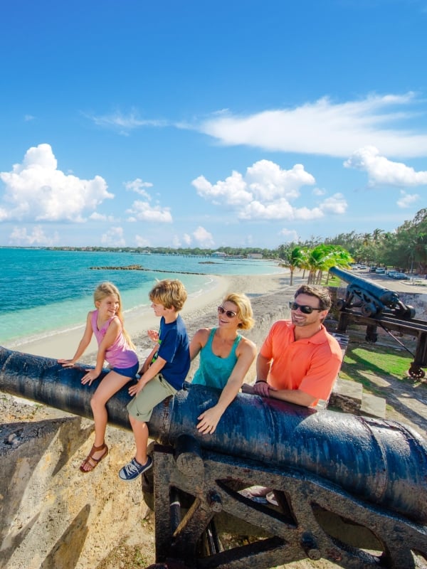 A family touring a fort in Nassau Paradise Island, The Bahamas