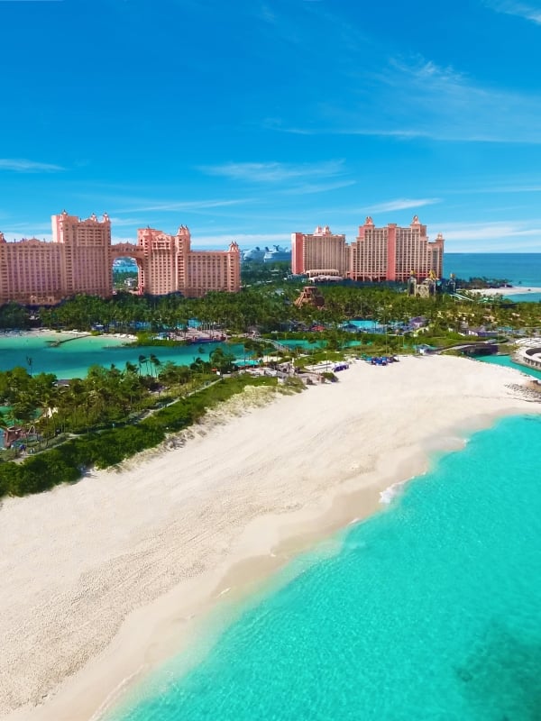 Aerial and beach view of Atlantis Paradise Island