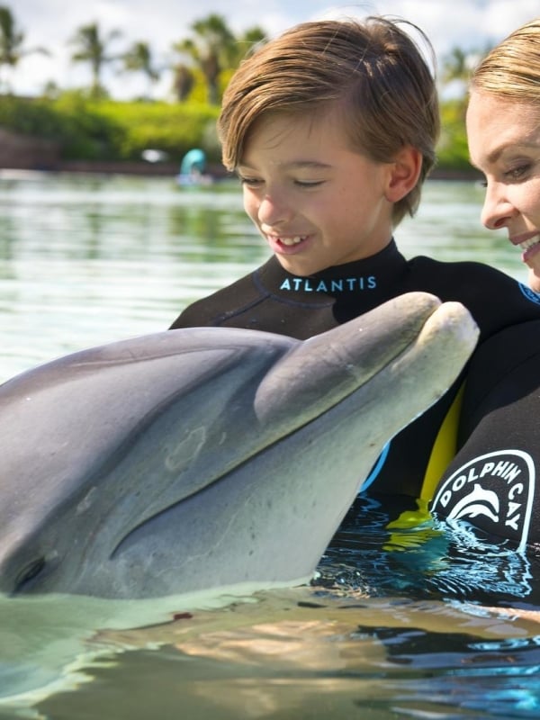 A mother and her son with a dolphin in Dolphin Cay in Atlantis Paradise Island