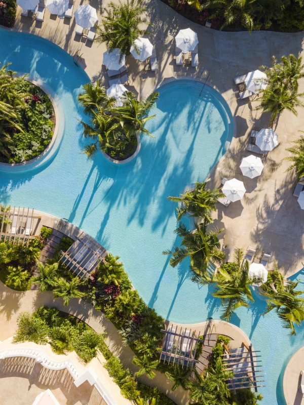 An aerial view of the pools at Rosewood Baha Mar in Nassau Paradise ISland