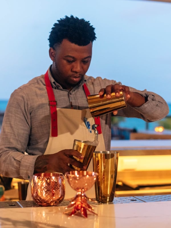 A bartender mixes a drink in a cocktail shaker.