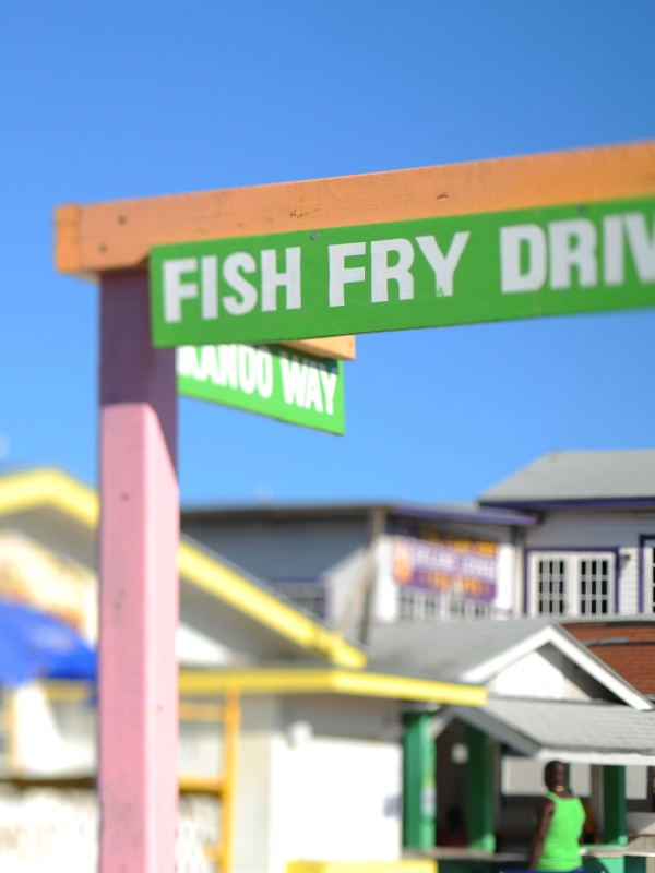 A sign at Arawak Cay reads Fish Fry Drive. 