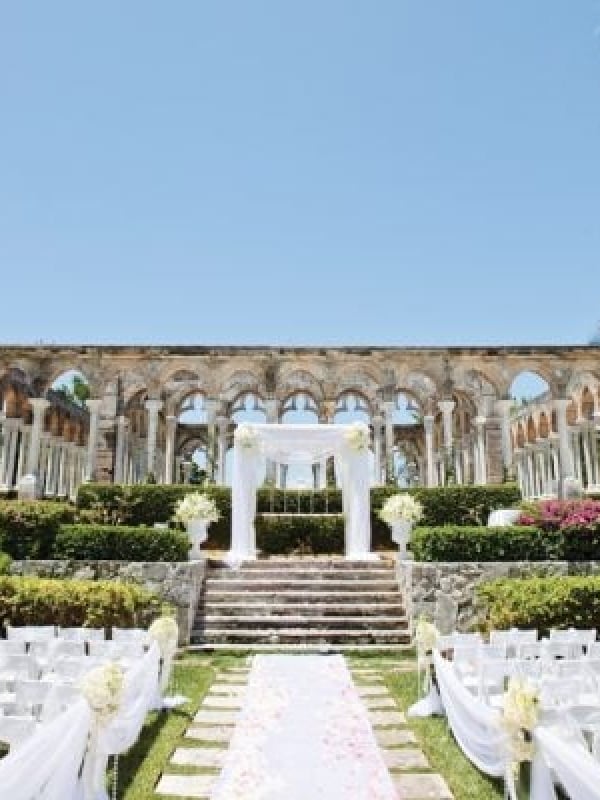 A beautiful wedding ceremony set up at the Cloisters, The Ocean Club, a Four Seasons Resort, Bahamas