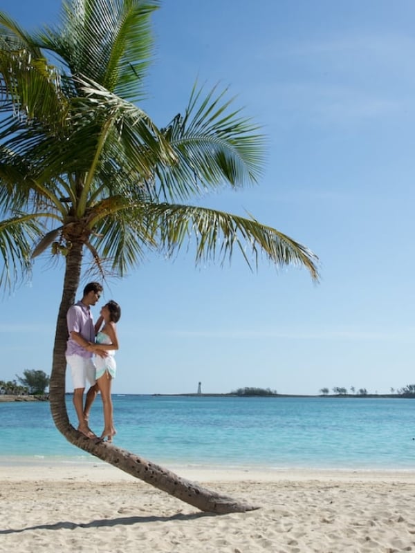 A couple relaxes under the shade of a palm tree on a Bahamas beach